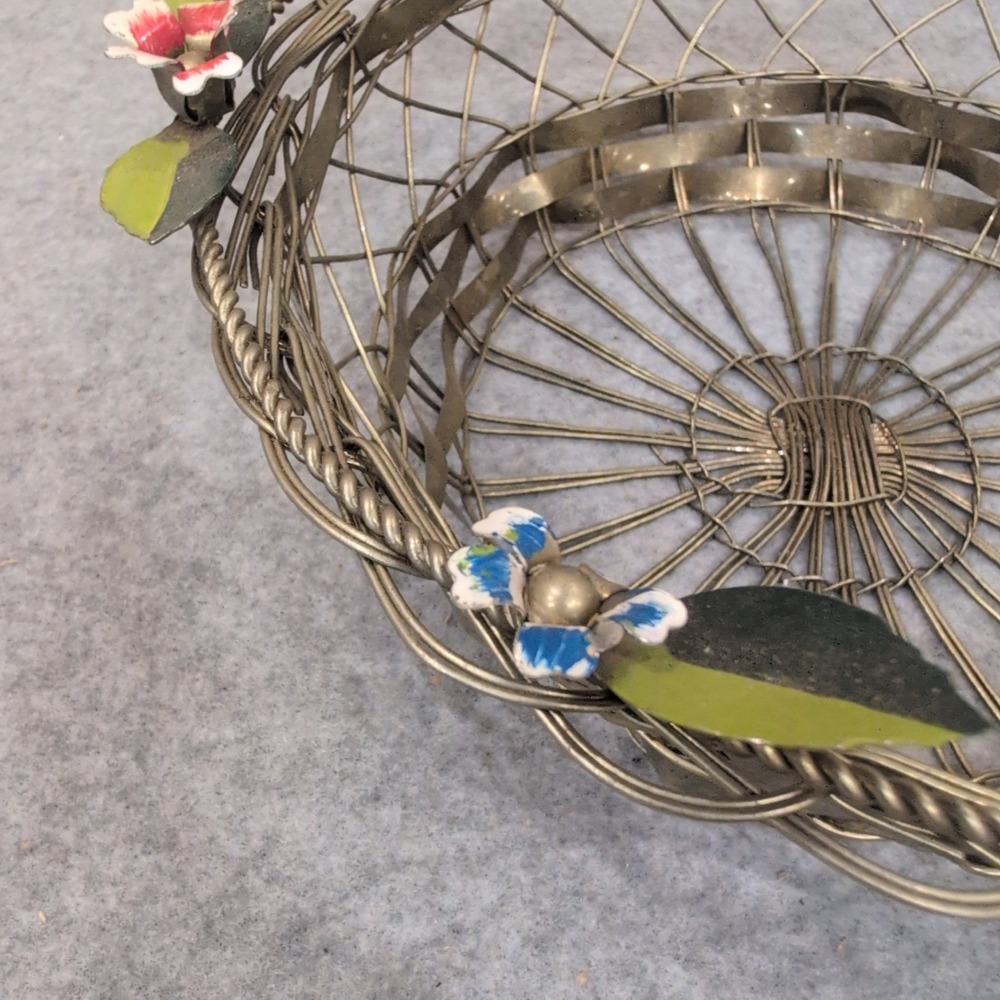 Vintage Silver Tone Woven Wire Basket with Enameled Flowers and Swing Handle - Picture 2 of 7